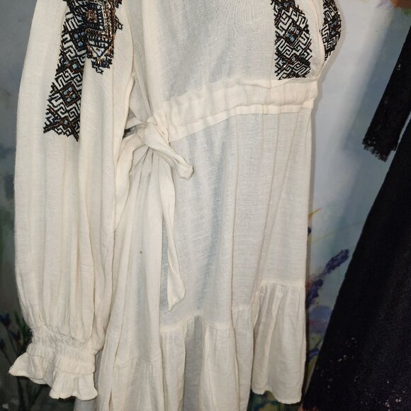 FreePeople Moonshiner Mini Embroidered Beaded Long Sleeve Dress With Tie Waist & - Picture 6 of 9